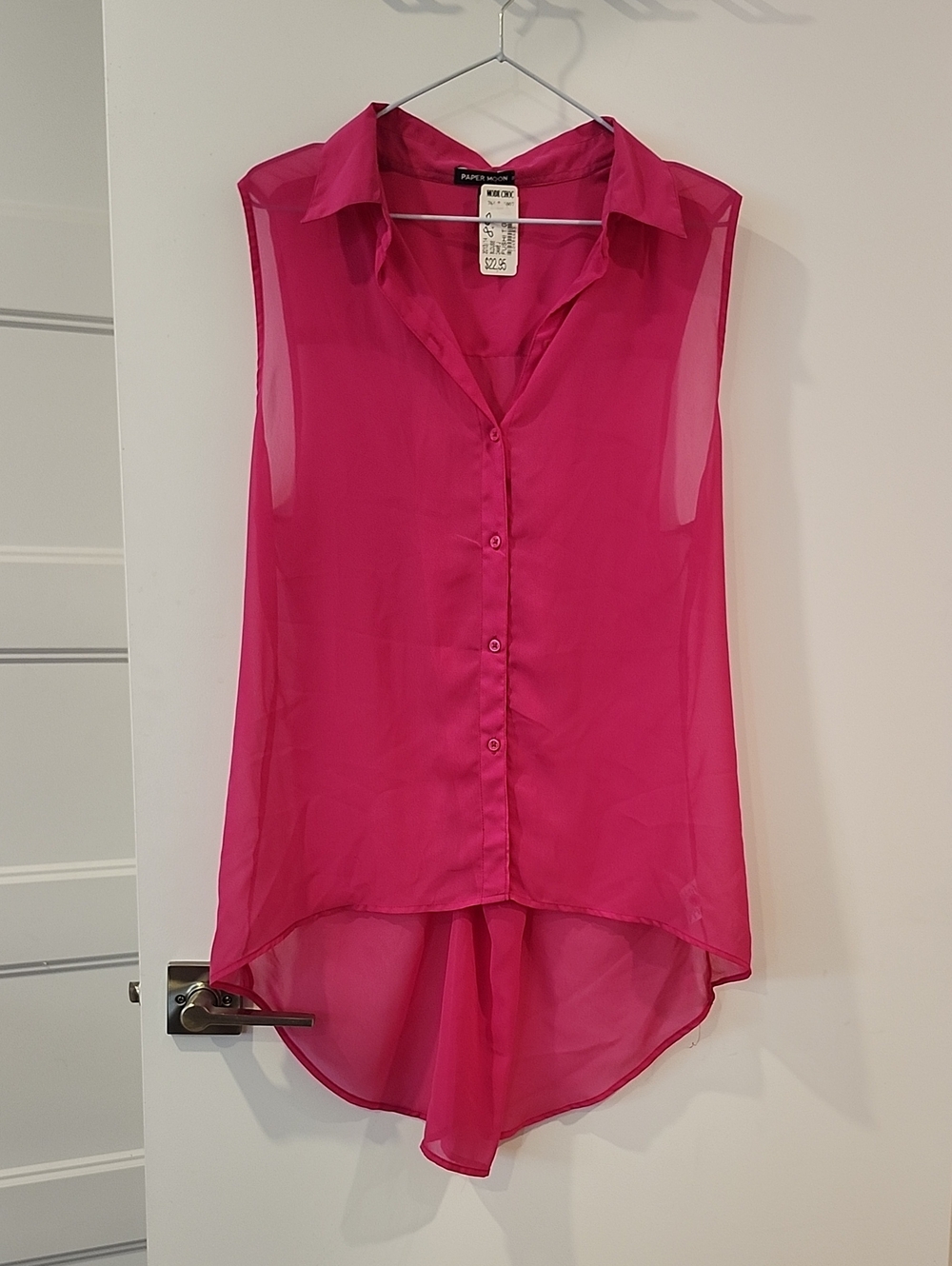 P2P 20" NWT Papermoon Hot Pink Sleeveless Sheer Button-Down High-Low Blouse